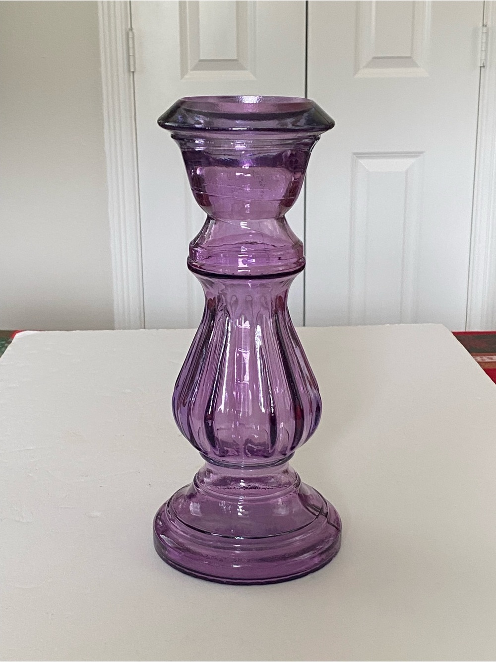 Amethyst Purple Glass Candlestick Holder Tall Ribbed Decorative Accent Vase